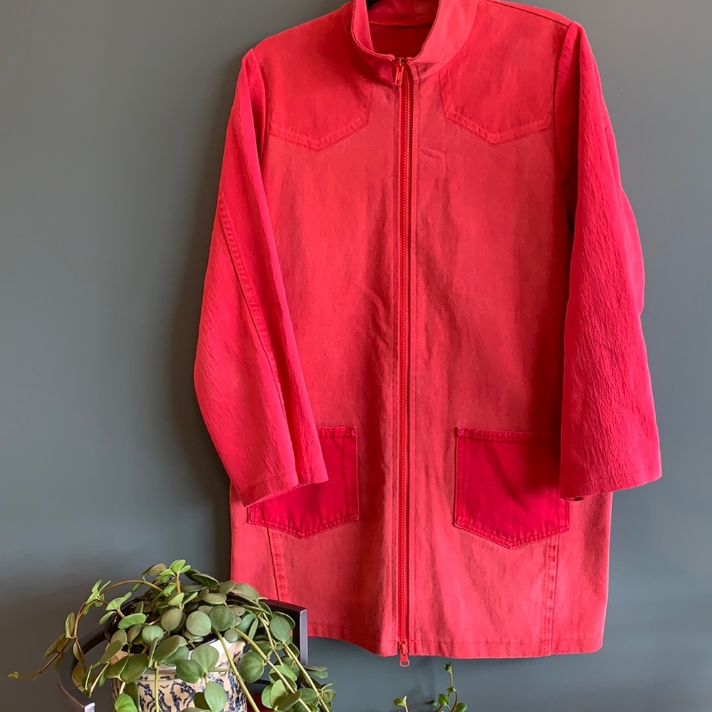 red jean jacket